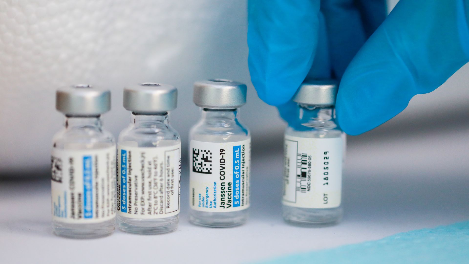 Vials of Johnson & Johnson's coronavirus vaccine in Oakland, California, on March 26.