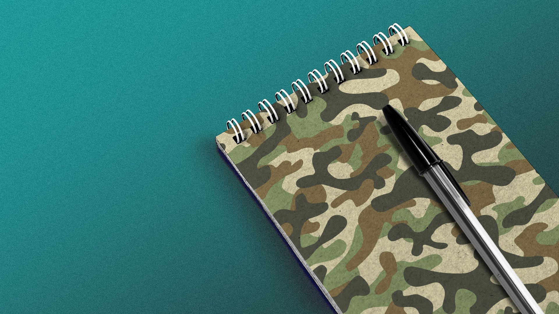 Illustration of a reporter's notebook with a camouflage patterned cover and a pen on top of it.