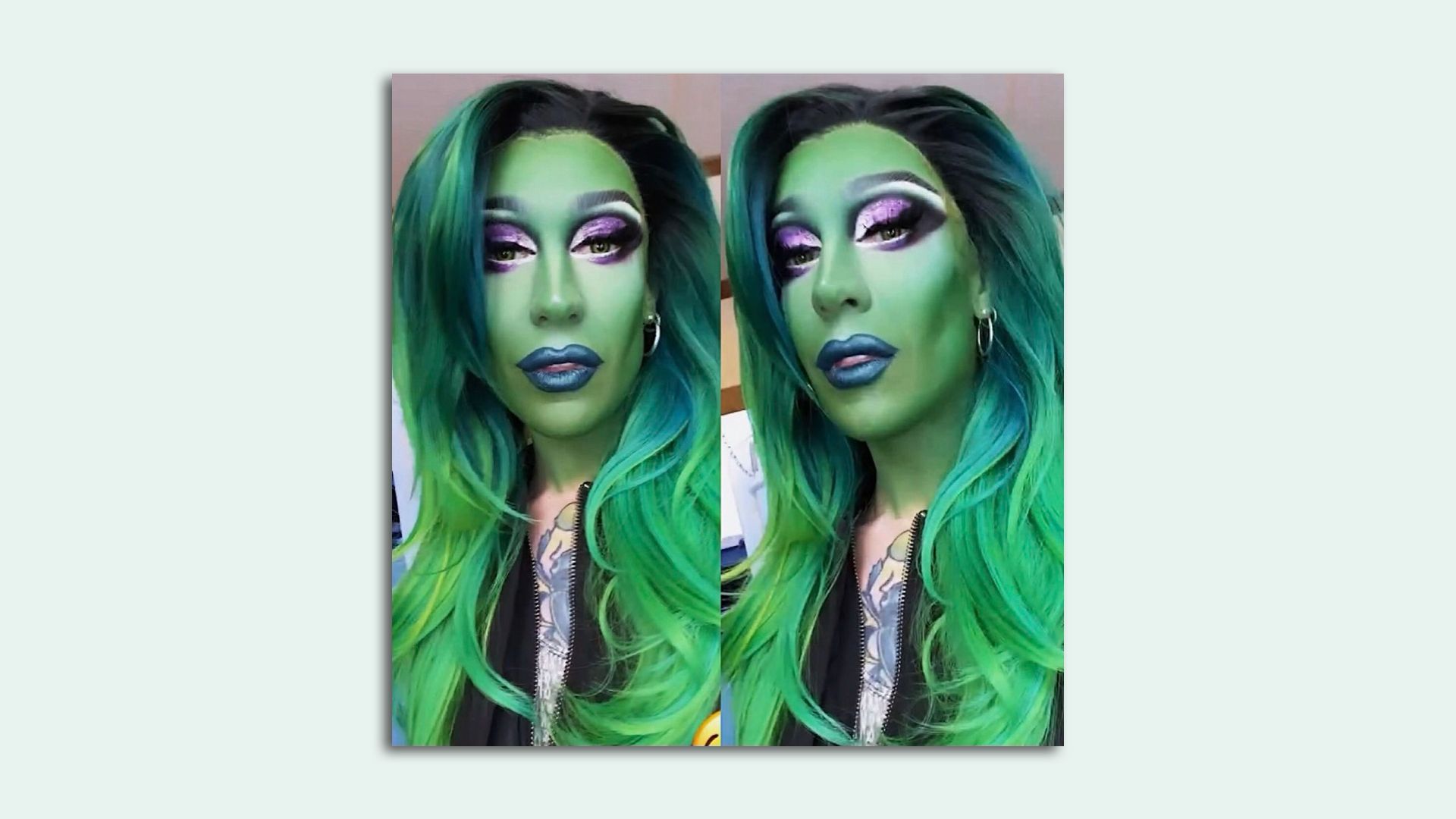 two pictures side by side of Kameron Michaels dressed as SheHulk with green makeup and a long green wig.