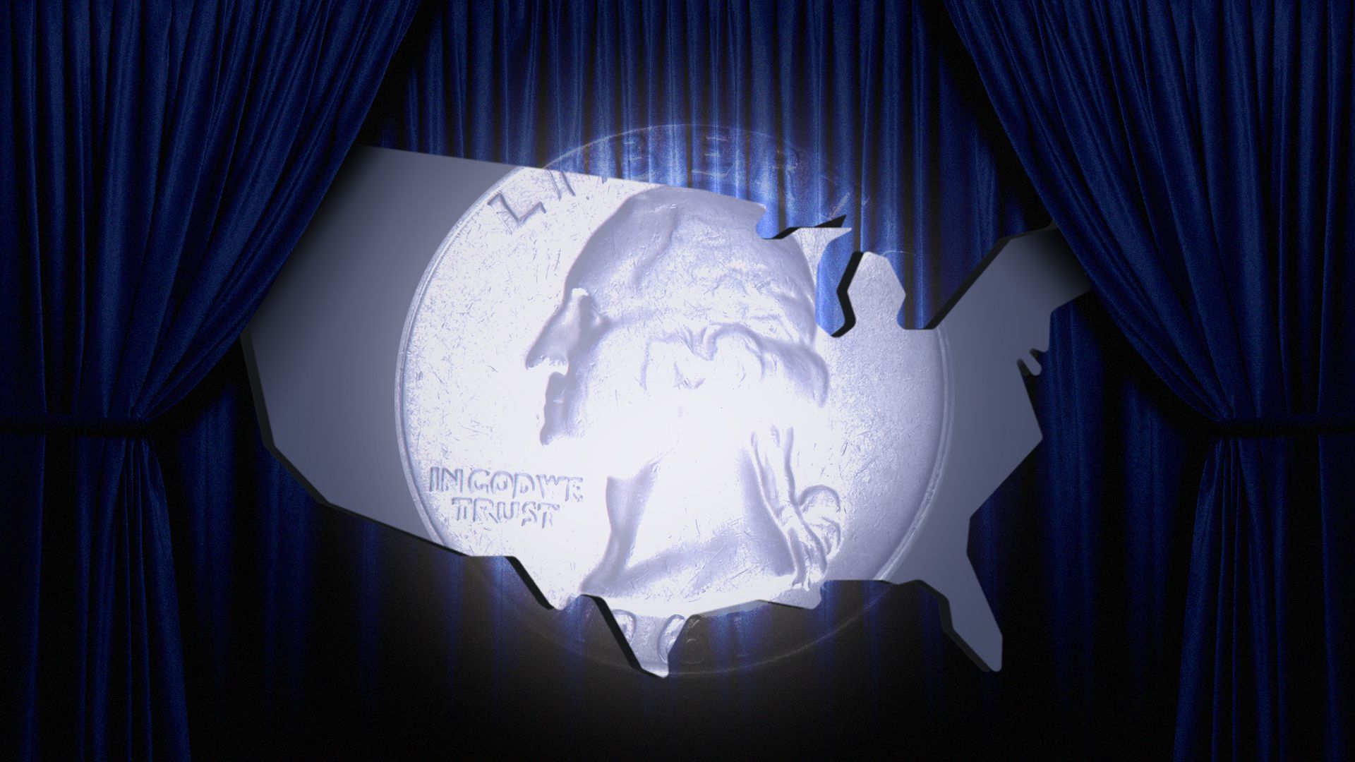 Illustration of a spotlight revealing a coin, directed onto the US