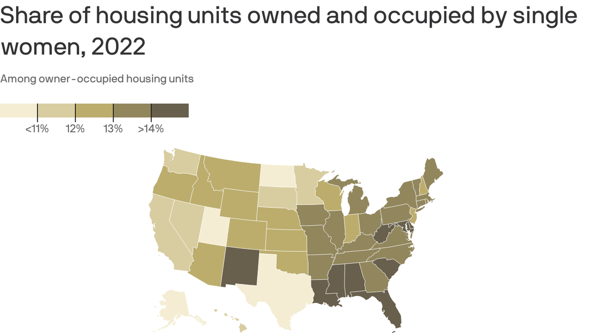 A shaded map of the U.S. depicting the share of housing units owned and occupied by single women in 2022