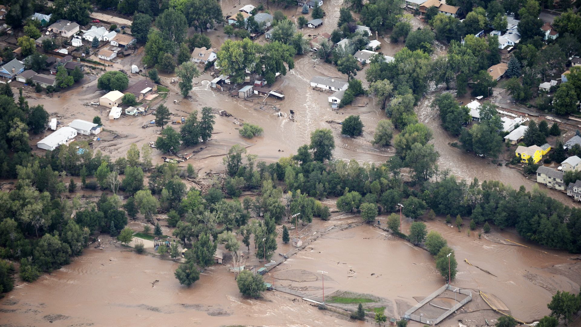 An aerial photograph shows the damage in Lyons from the flood on Sept. 13, 2013. Photo: RJ Sangosti/The Denver Post via Getty Images