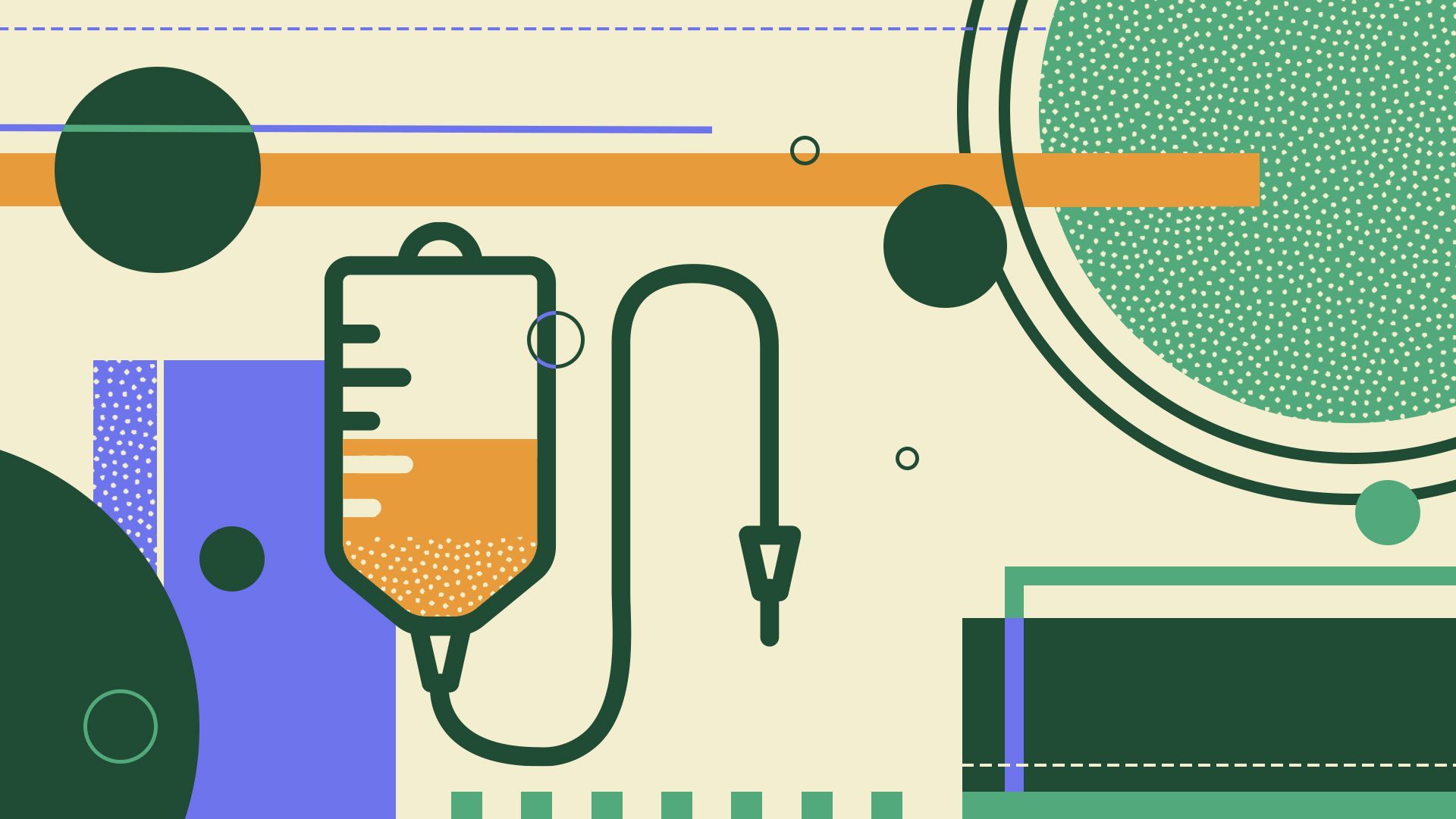 Illustration of an IV bag surrounded by abstract shapes and abstract covid cells.