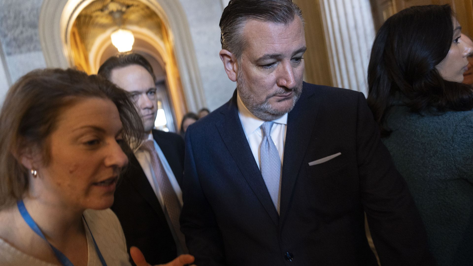  U.S. Sen. Ted Cruz (R-TX) speaks to reporters as he leaves the Senate Chamber at the U.S. Capitol on January 29, 2026 in Washington, DC. 