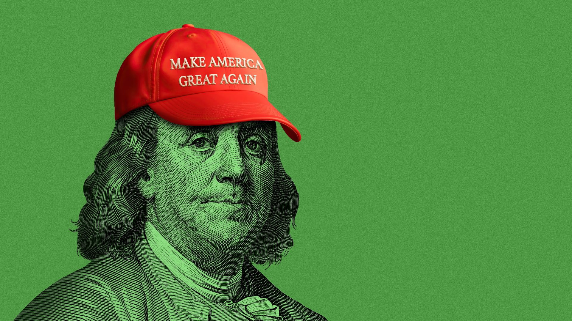 Illustration of Ben Franklin from a hundred dollar bill wearing a MAGA hat