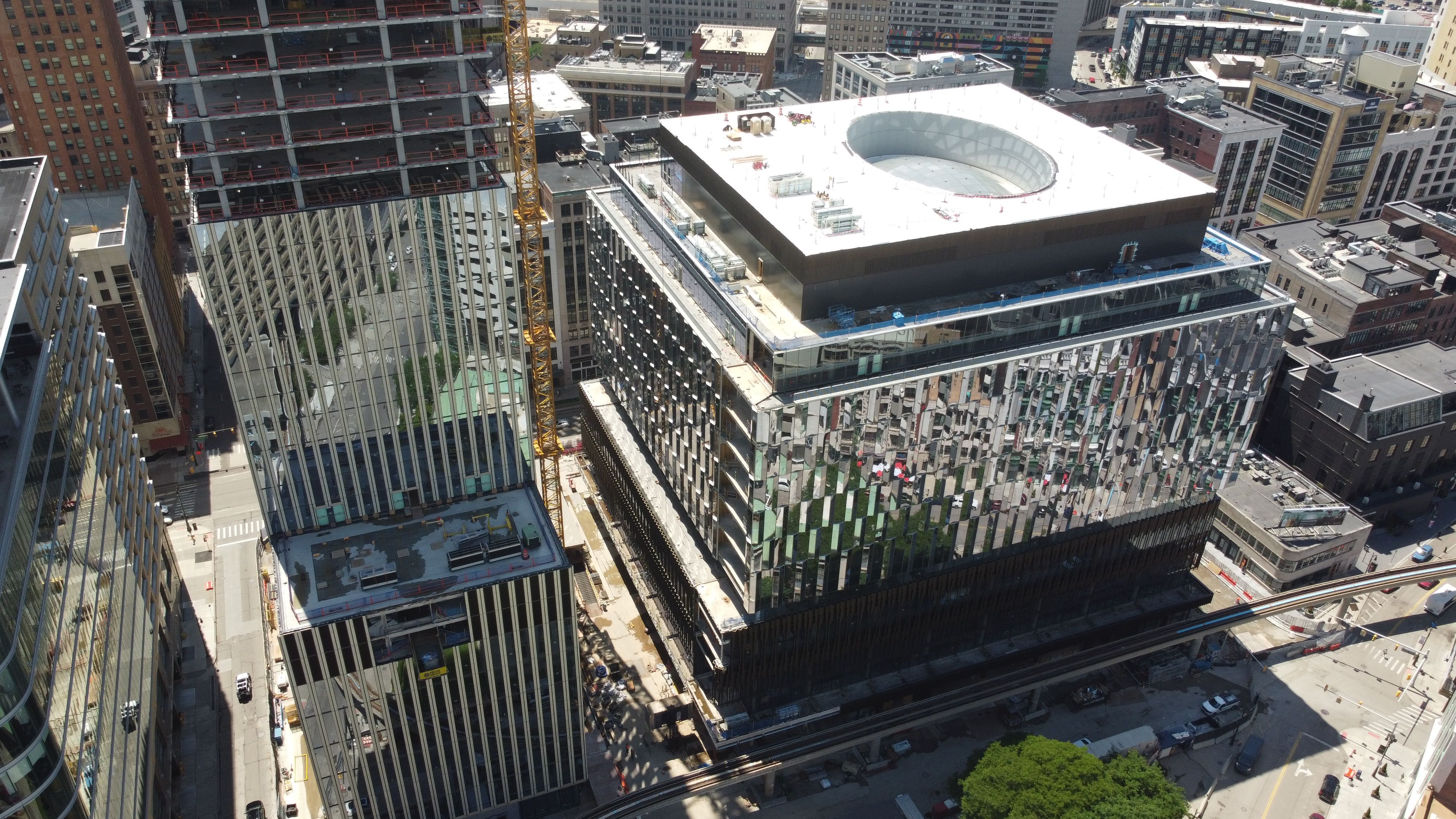 Looking down at the tower and the building