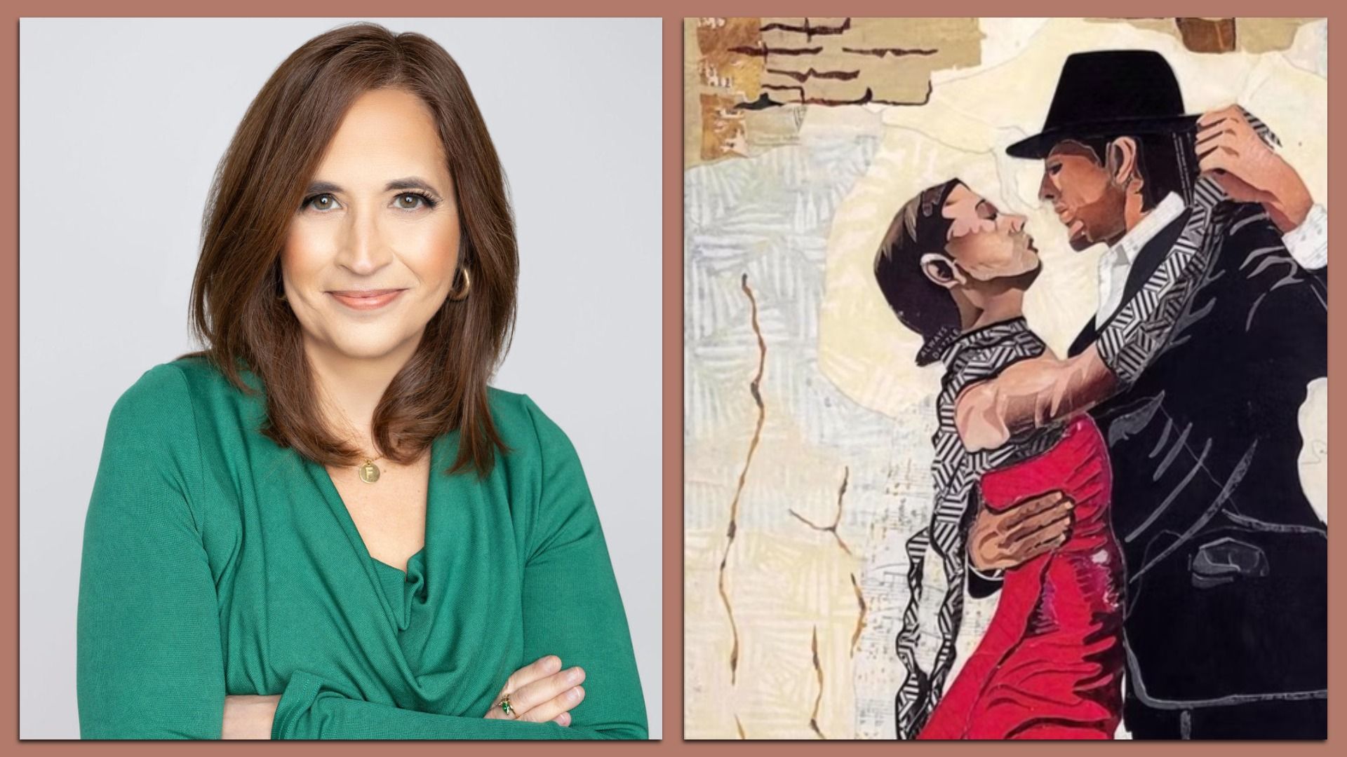 Left: Woman with shoulder-length brown hair wearing a green top and gold necklace, smiling with arms crossed. Right: Stylized painting of couple dancing, woman in red dress, man in black suit and hat.