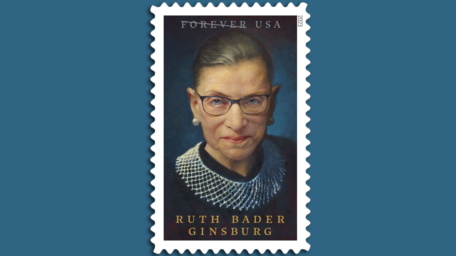 An image showing the stamp of former U.S. Supreme Court Justice Ruth Bader Ginsburg with a blue background.