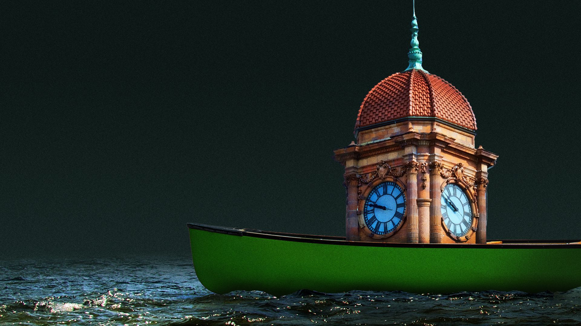 The Main Street Station Clock Tower canoeing down a river. 