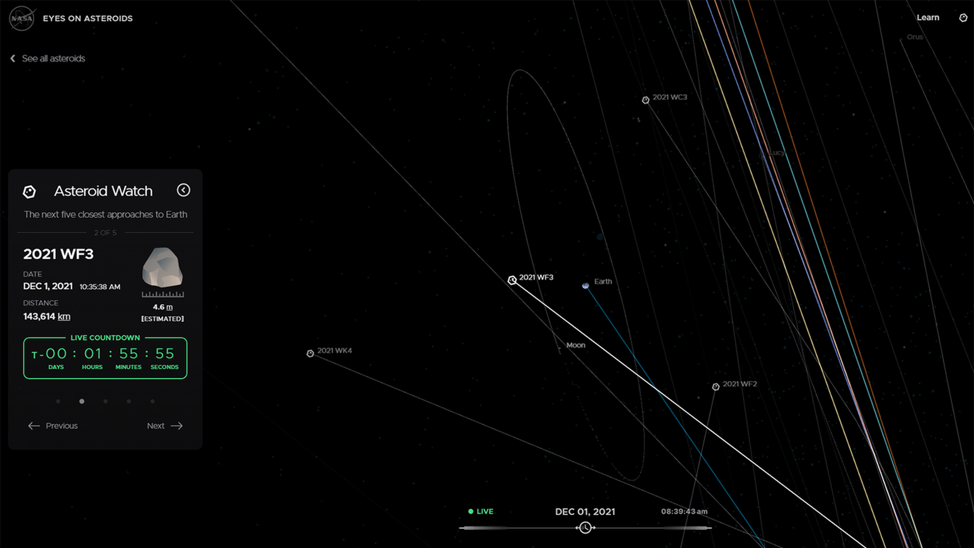 Screenshot of asteroids tracked by NASA as visualized in a graphic