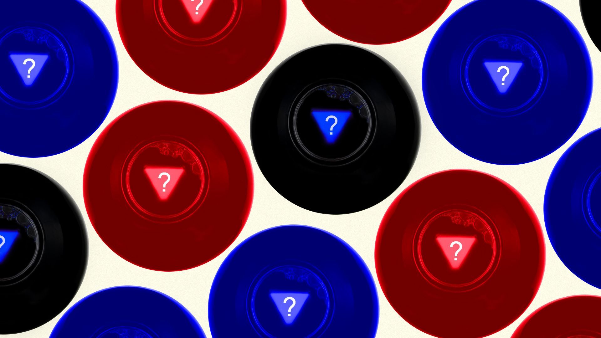Illustration of magic eight balls with some colored in red or blue.