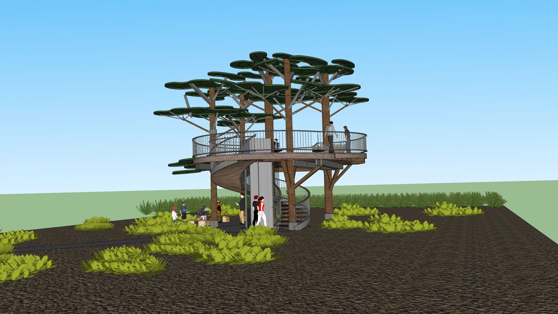 Rendering shows an elevated pavilion supported by tree sculptures