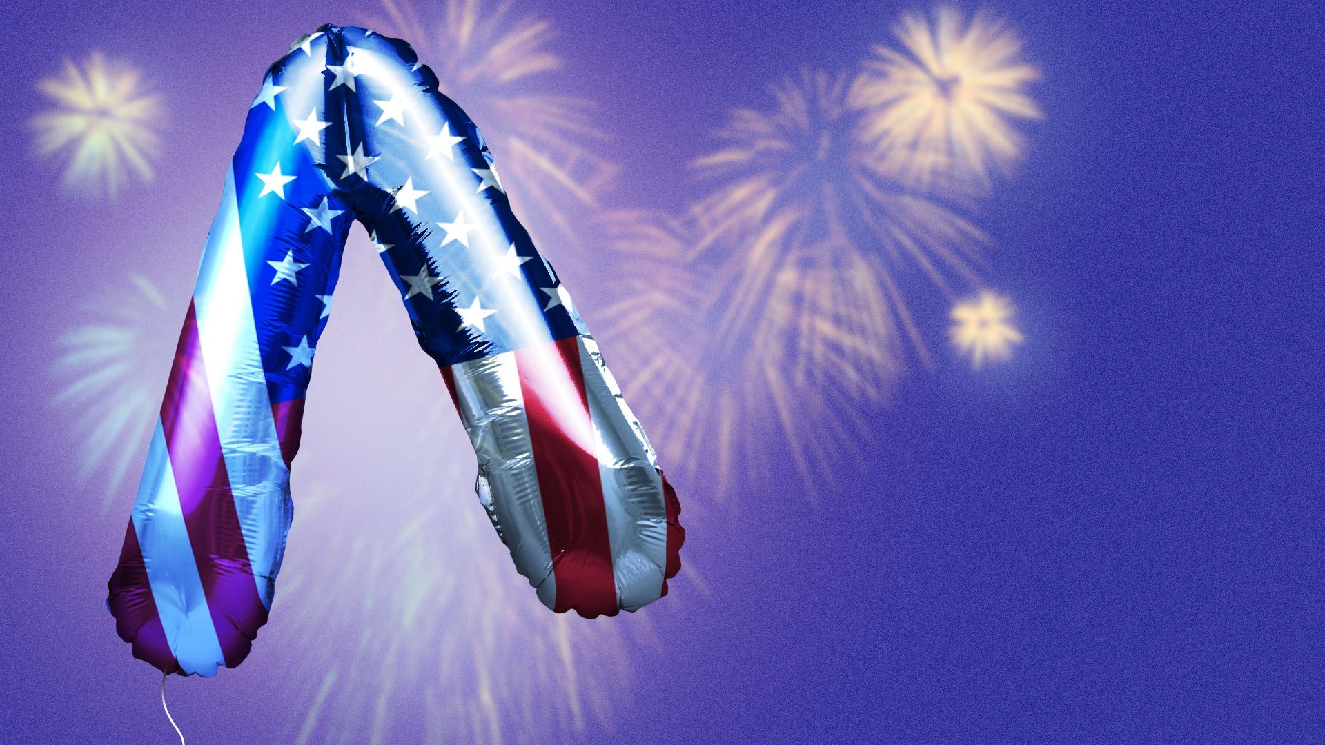 Illustration of the Axios logo as a balloon with an American flag overlay and fireworks in the background