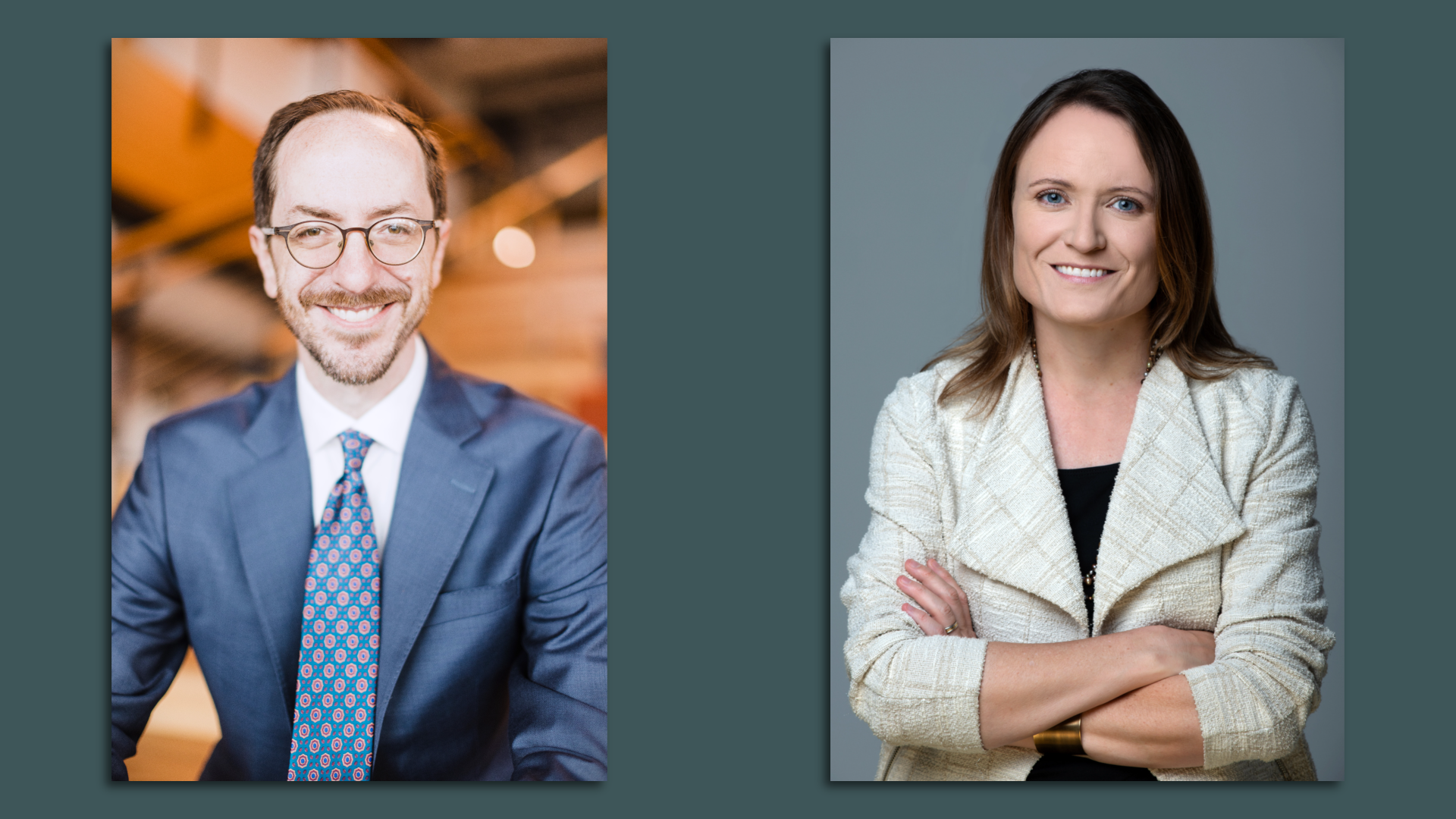 Side-by-side portraits of Freddie O'Connell and Alice Rolli.