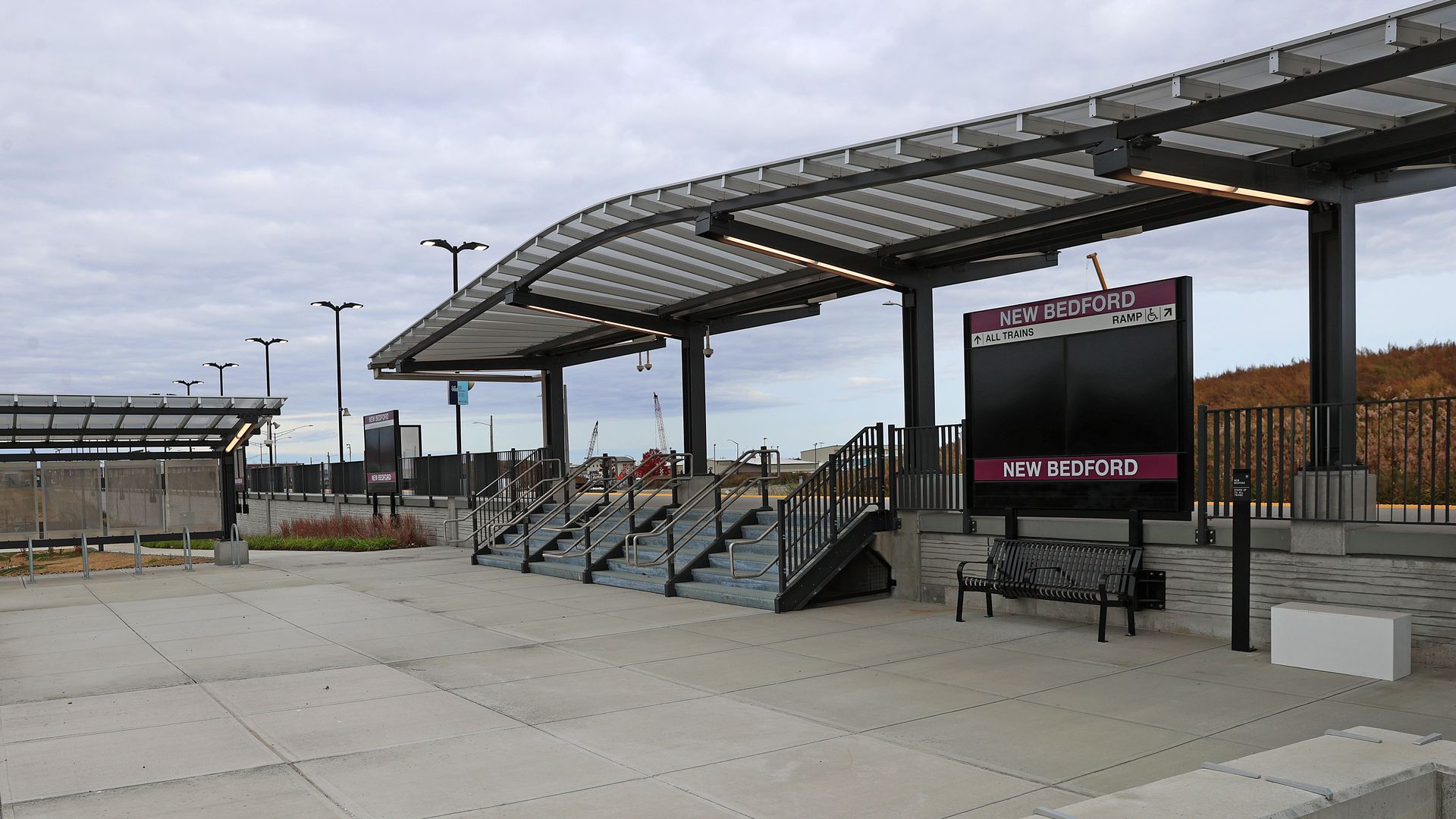 The entrance and signs at the New Bedford Commuter Rail station. 