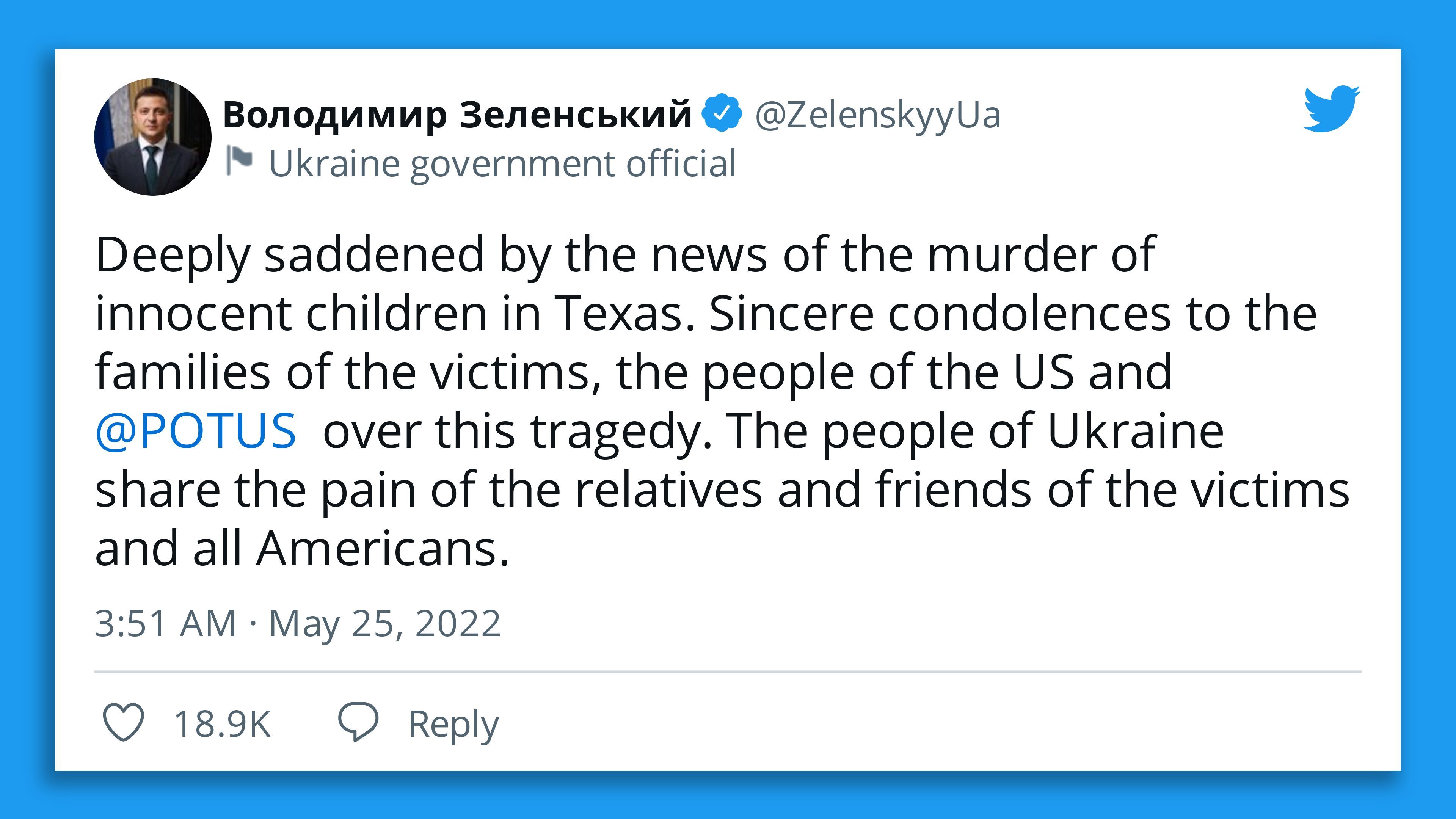 A screenshot of Ukrainian President Volodymyr Zelensky's tweet offering condolences to families of the victims of Tuesday's Texas school shooting.