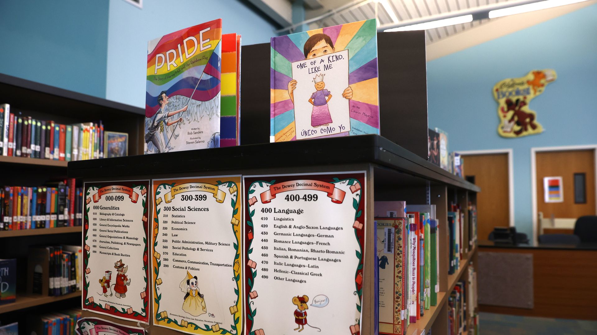 ewly donated LGBTQ+ books are displayed in the library.