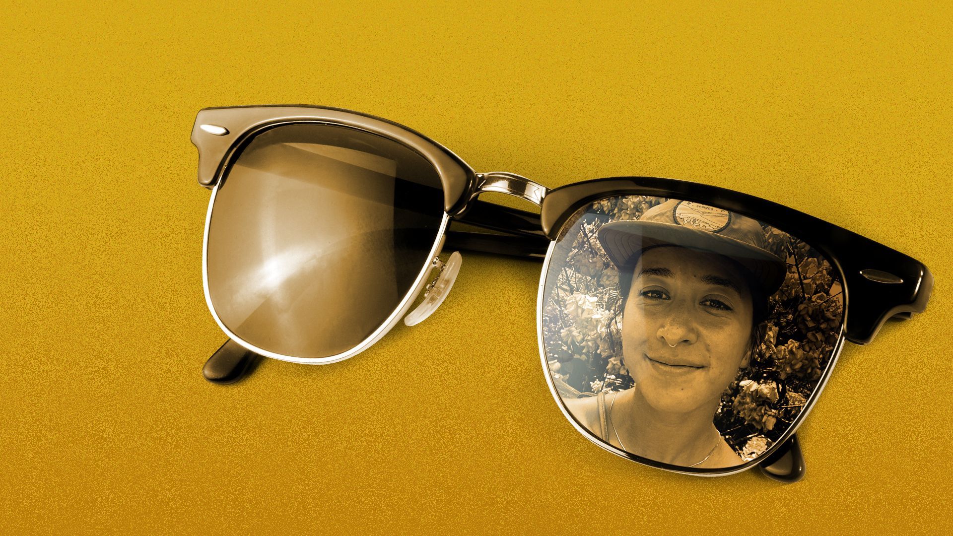 Photo illustration of sunglasses with a photo of Olivia Juarez in the lens.
