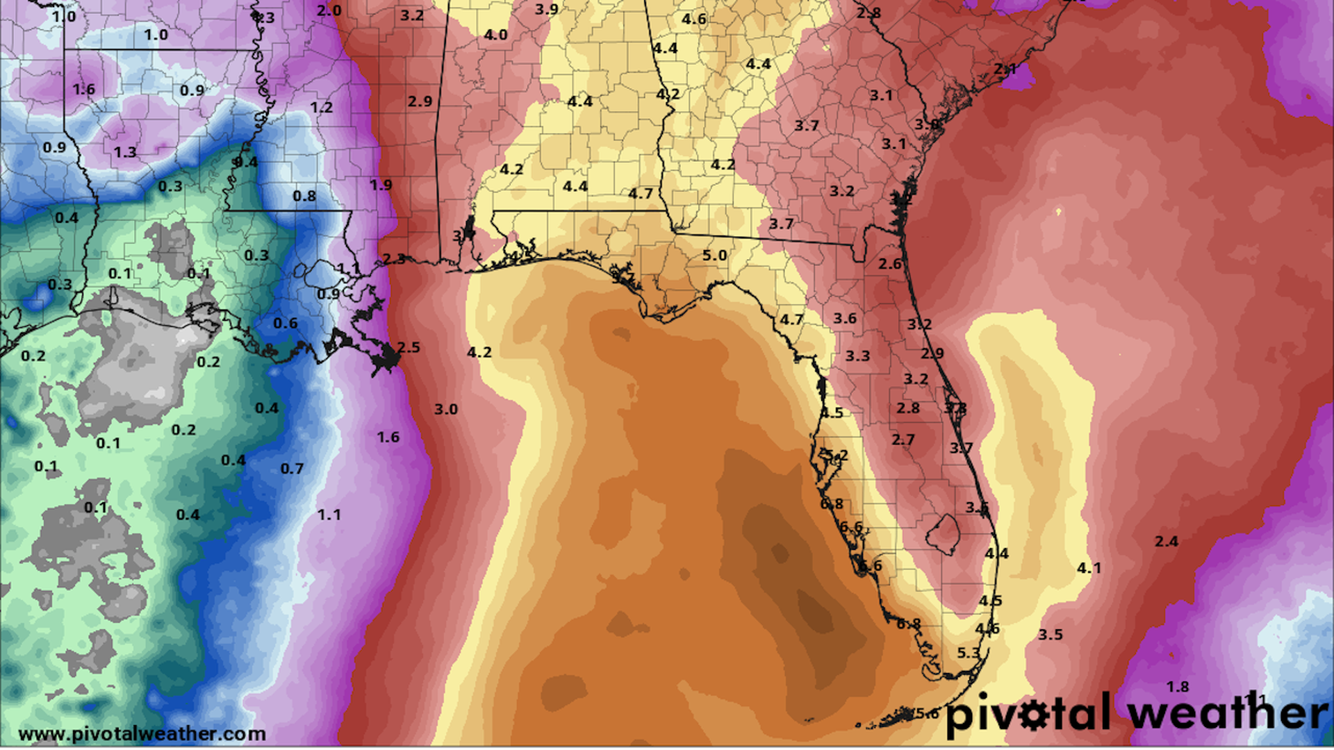 Forecast rainfall over the next seven days in regions likely to be affected by Hurricane Helene