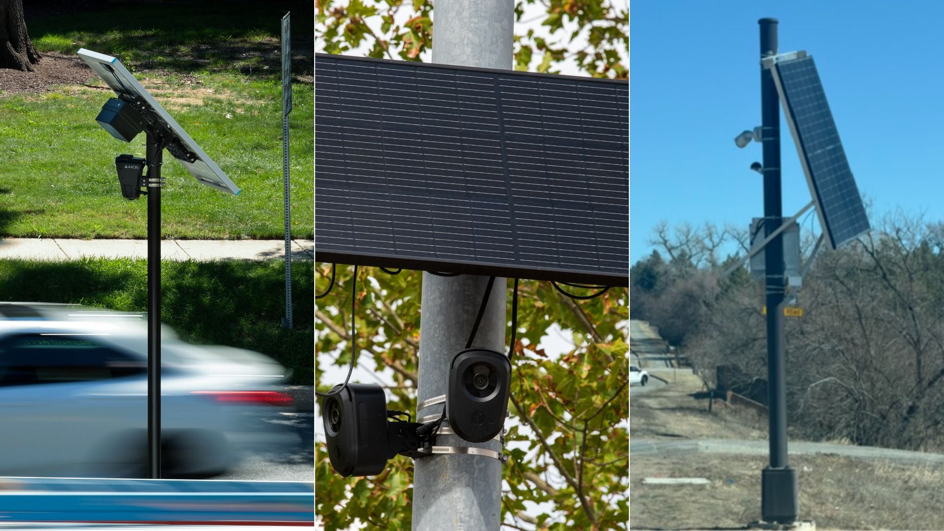 Triptych of outdoor solar installations on poles: left shows a tilted solar panel beside a road; center close-up of a panel and cables on a utility pole; right a tall angled panel against a blue sky.