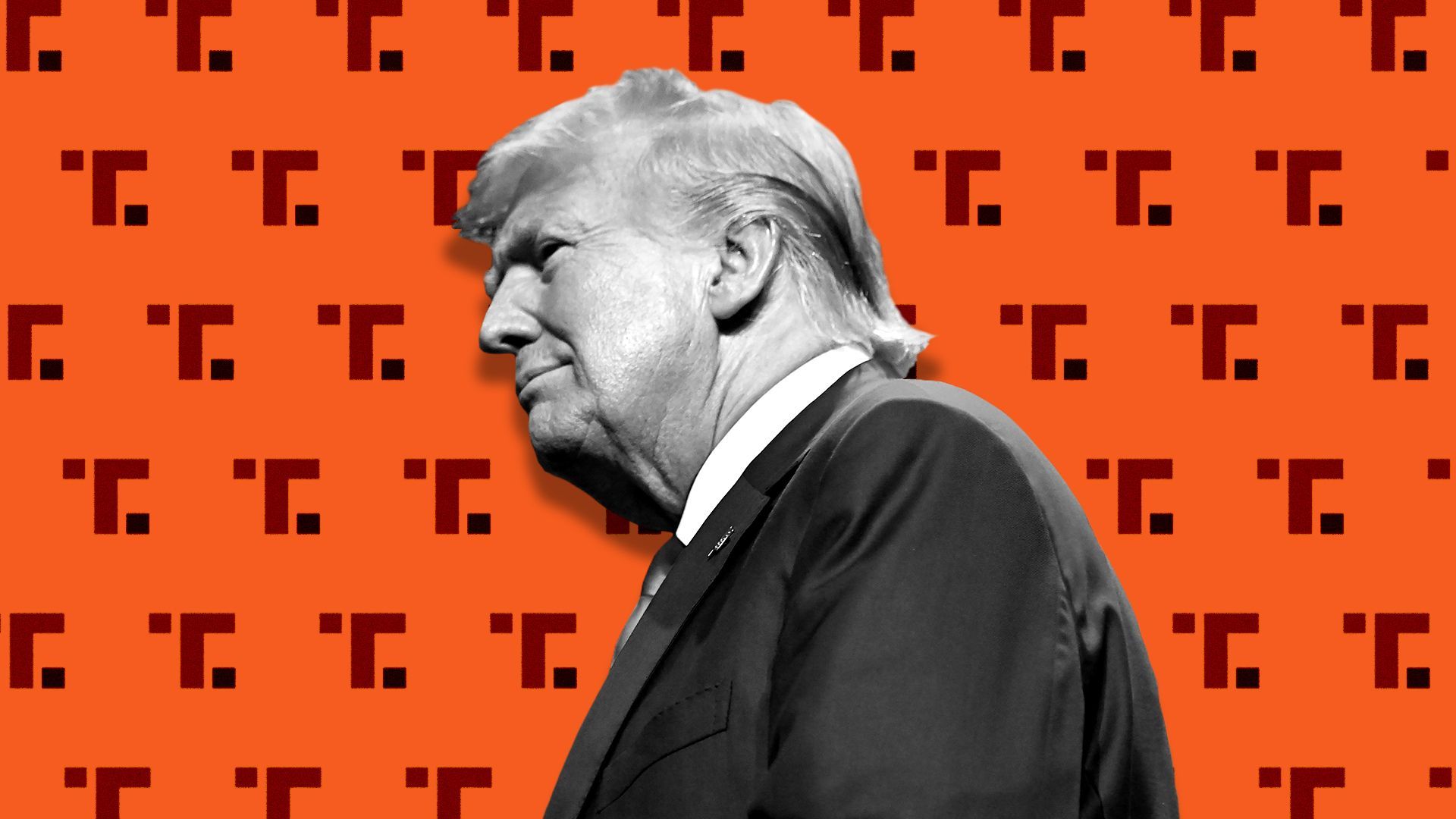 Photo illustration of Trump standing in front of a wall of patterned Truth Social logos