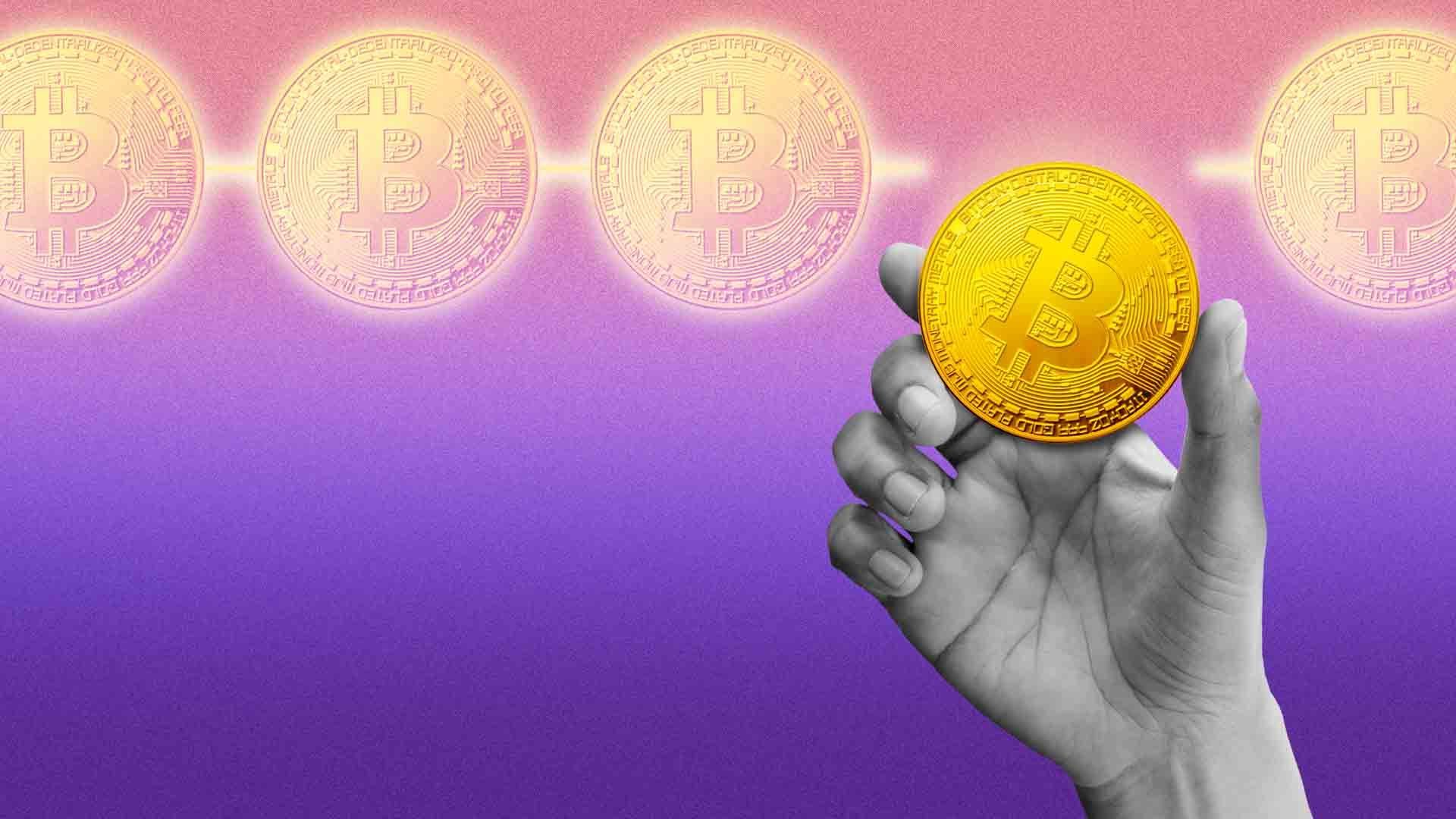 Illustration of a hand plucking a golden coin with a bitcoin logo of a chain of other bitcoins