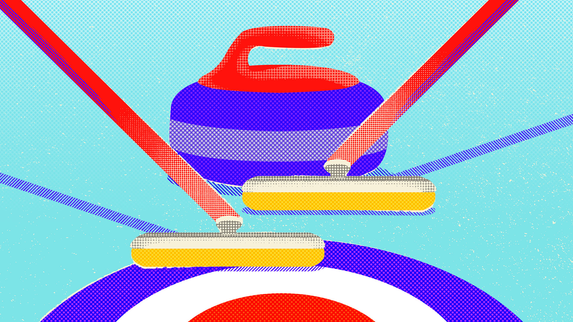 Illustration of a curling rock and two brooms on a curling rink.