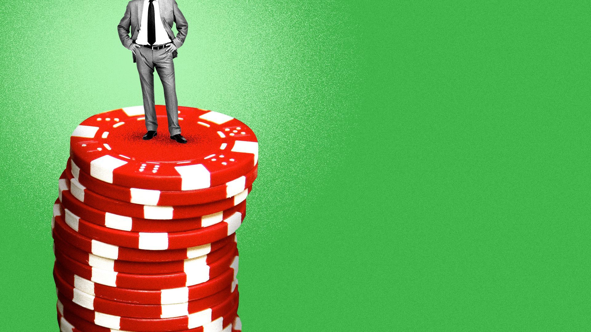 Illustration of a man standing resolutely on top of a stack of poker chips.