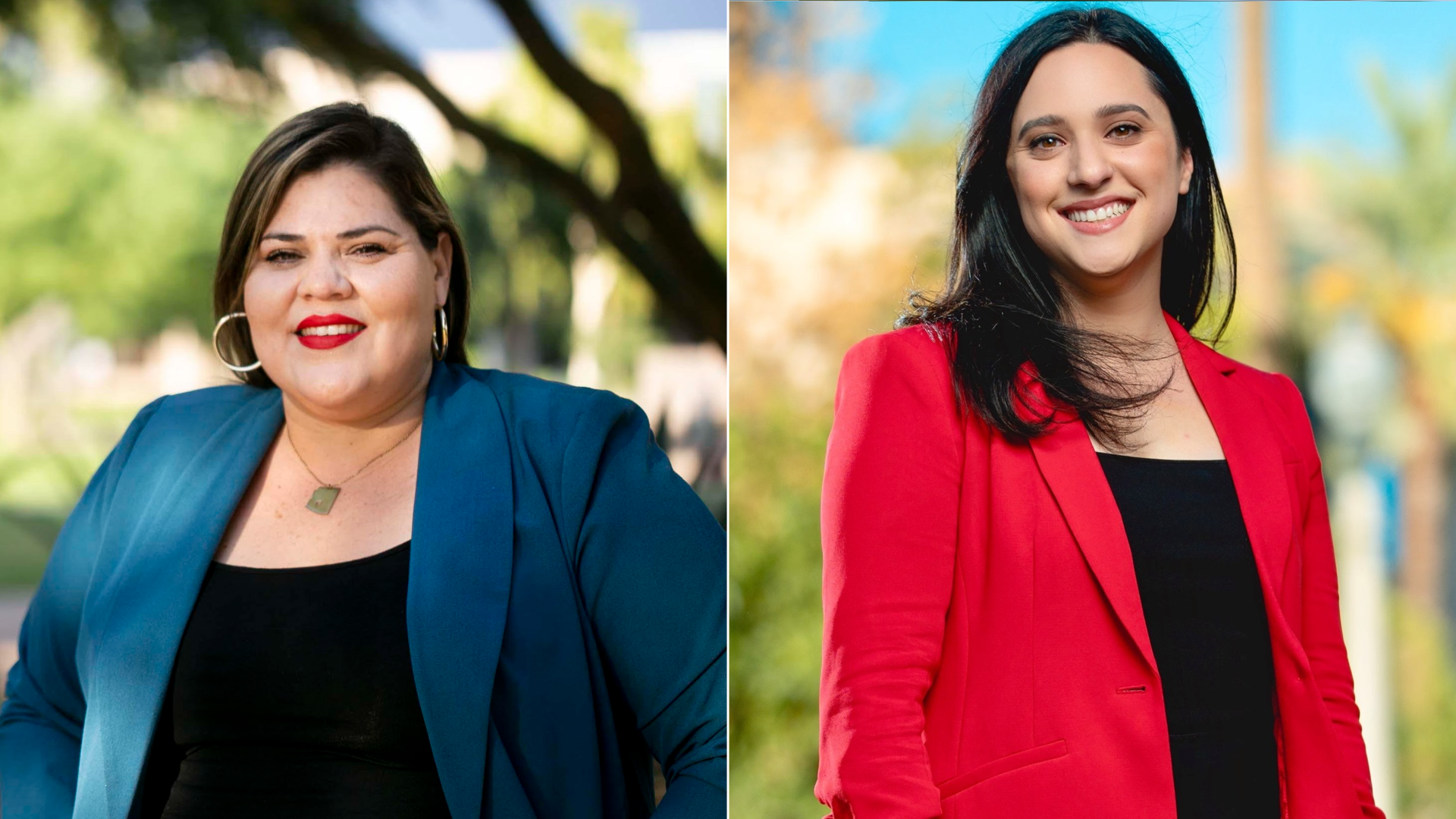 Side by side photos of a woman in a blue-green blazer and a woman in a red blazer. 