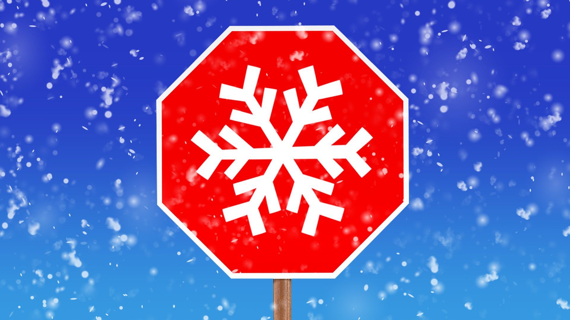 Illustration of a stop sign with a large snowflake on it with smaller flakes falling around it