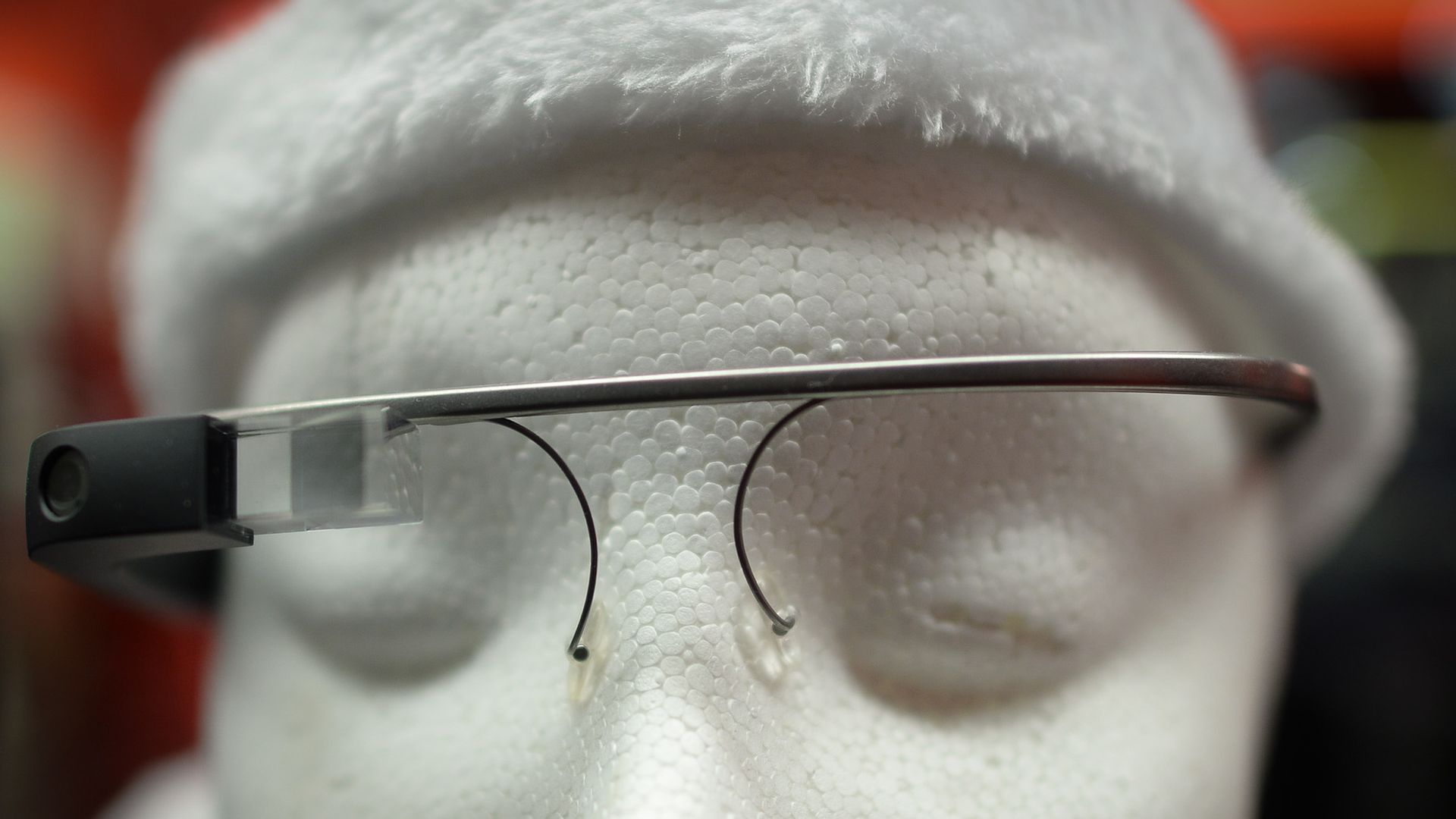 A close-up of a mannequin wearing the Google Glass