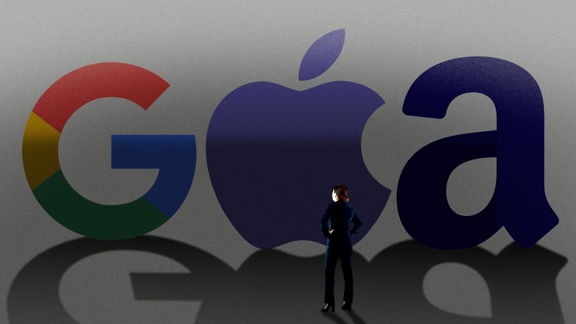  Illustration of the Google, Apple, and Amazon logos casting long shadows on a small woman in tech in the foreground