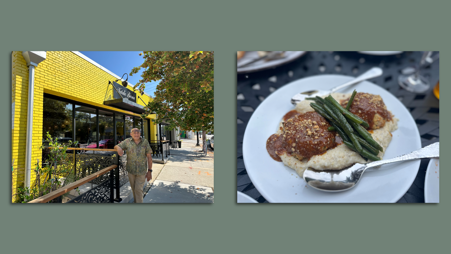 Side by side photos of a person leaning on a railing in front of a bright yellow restaurant. A close-up of a plate of honey walnut chicken.
