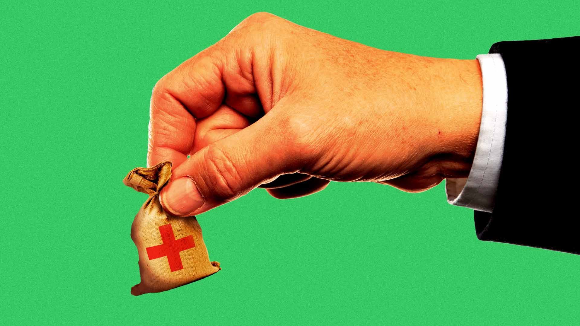 Illustration of a giant hand in a suit holding a tiny bag of money with a red cross on it