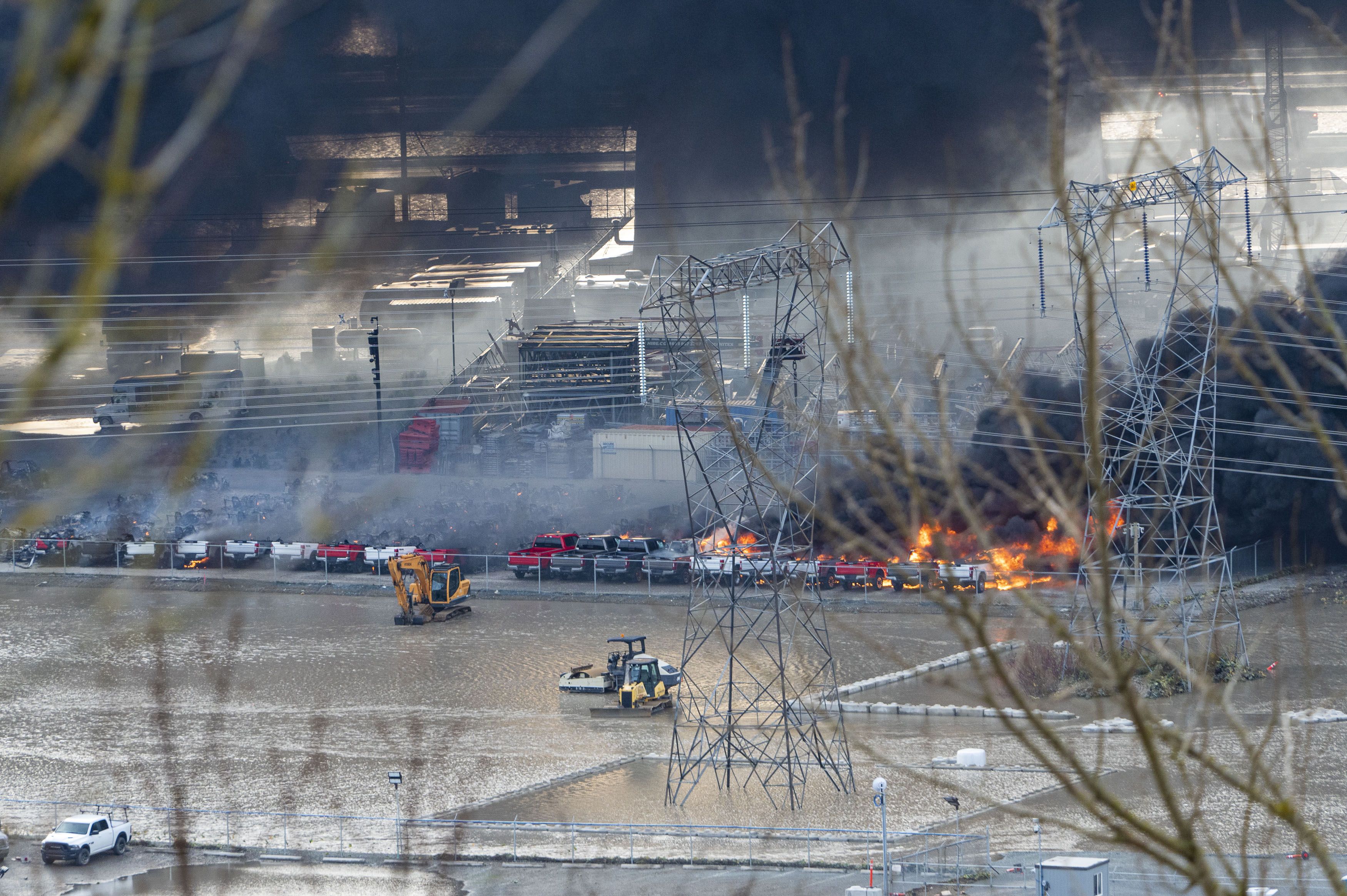  A fire at an RV dealership in the flooded Sumas Prairie in Abbotsford, British Columbia, Canada, on Wednesday, Nov. 17