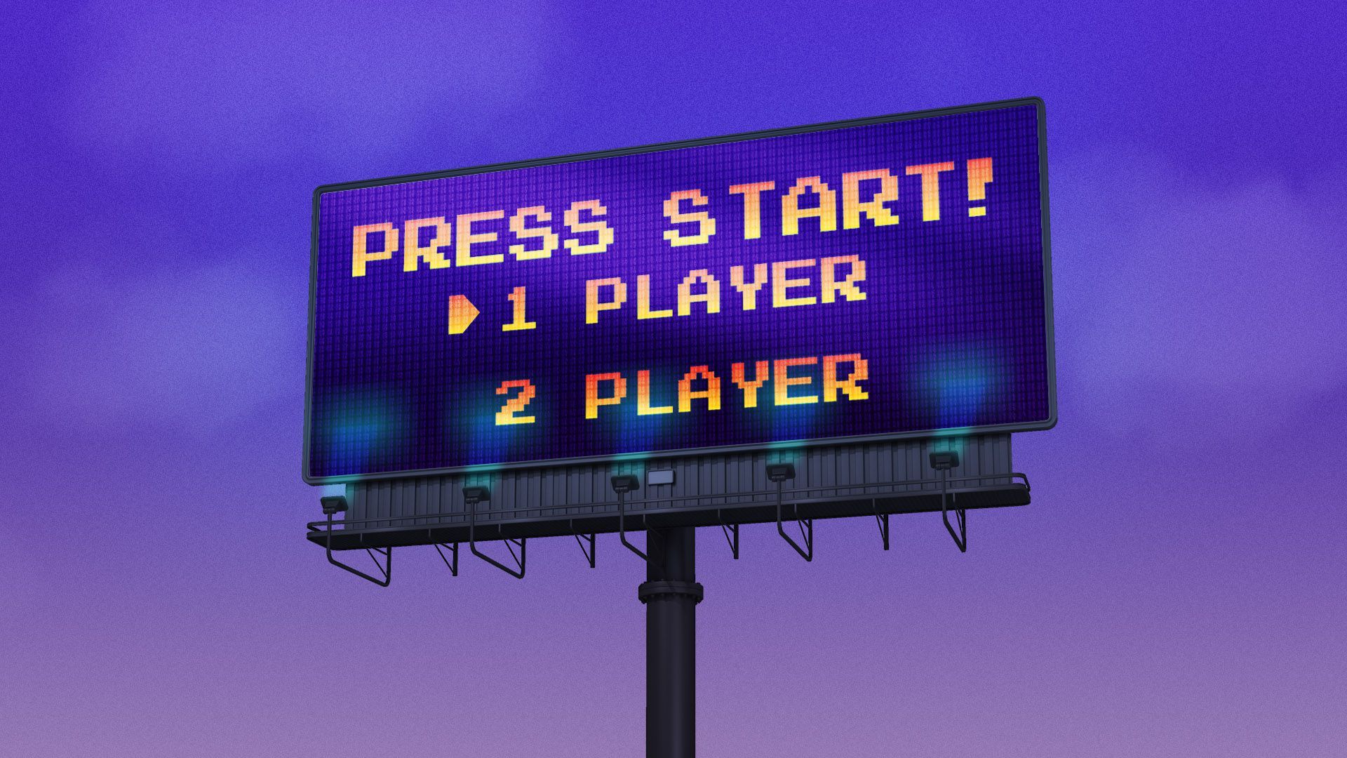 Illustration of a billboard with a video game start screen 
