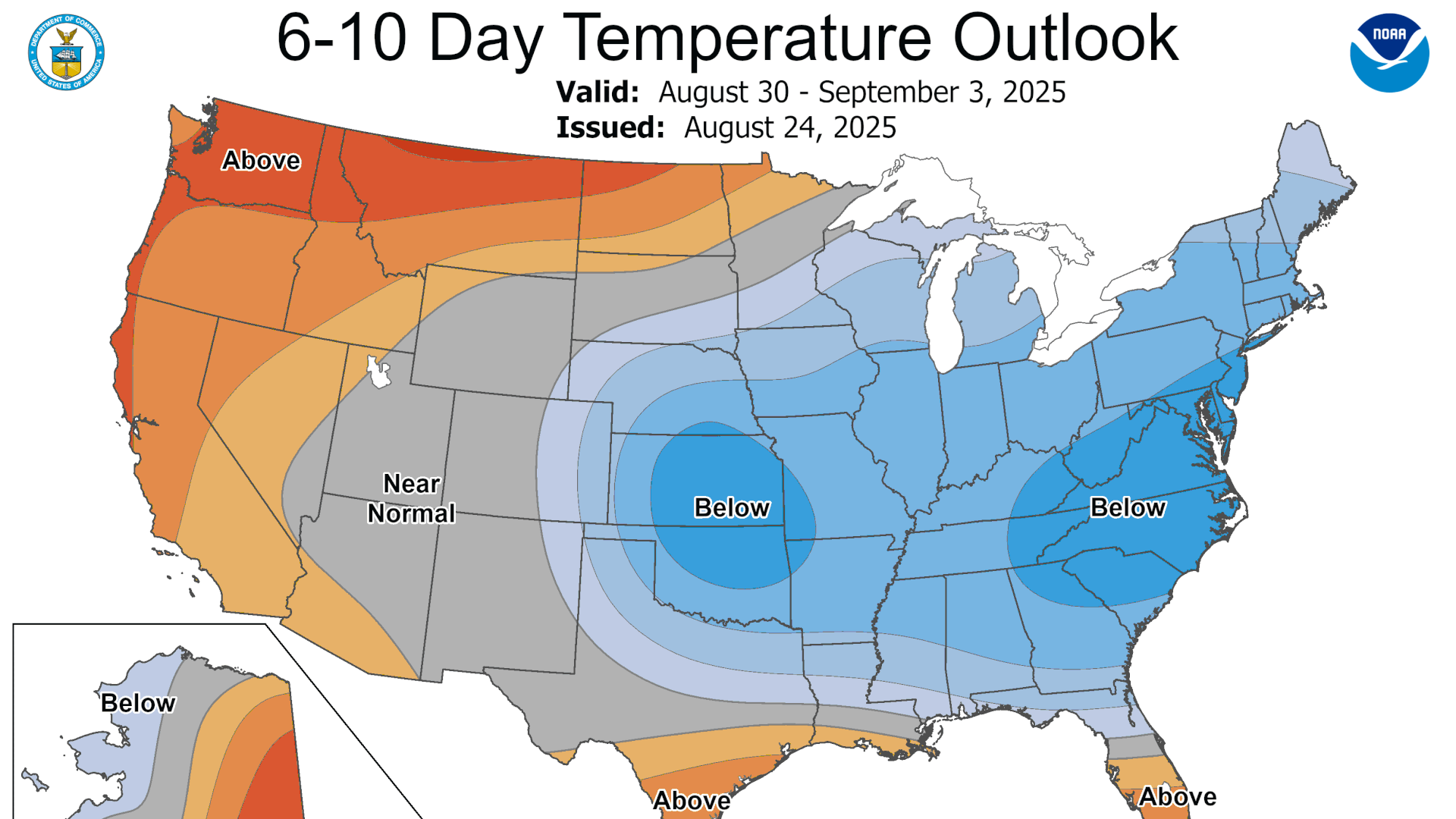 US map showing 6-10 day temperature outlook from Aug 30 to Sep 3, 2025; Northwest and parts of Florida & Alaska above normal; central and eastern US below normal; central west near normal.