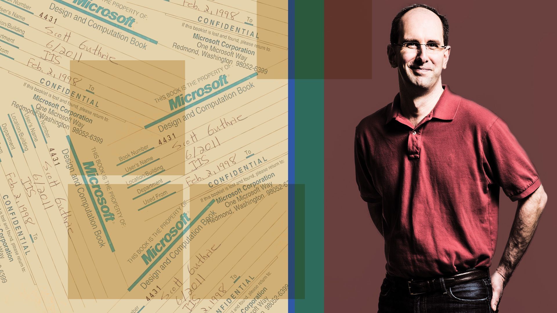 Photo illustration of Scott Guthrie surrounded by Microsoft collage images.