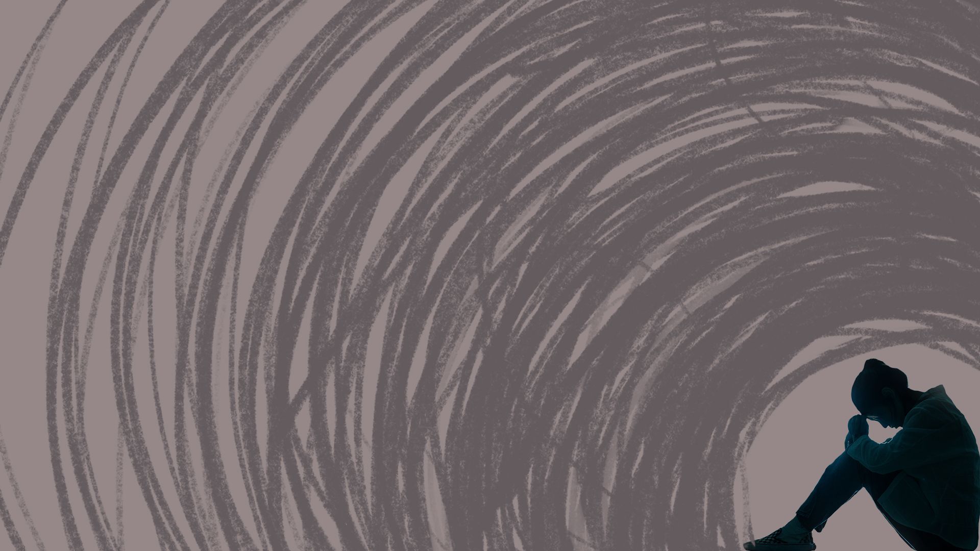 Illustration of a person sitting on the ground surrounded by radiating lines.