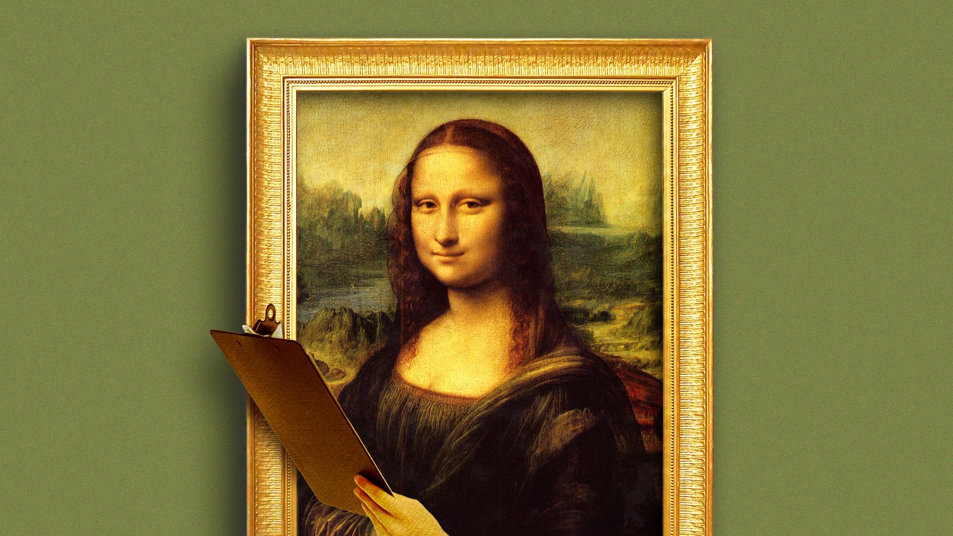 Illustration of the Mona Lisa holding a clipboard.