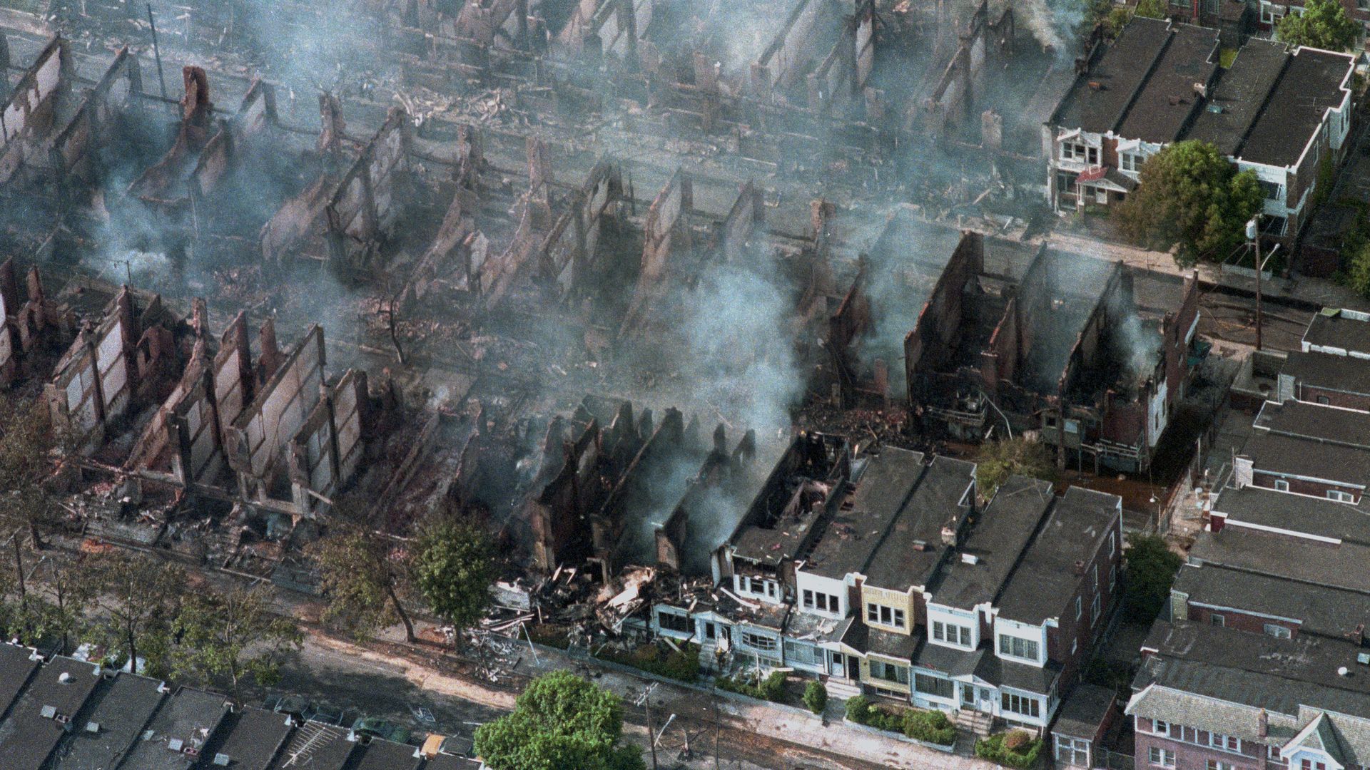 An aerial photo of the aftermath of the 1985 MOVE bombing in Philadelphia.