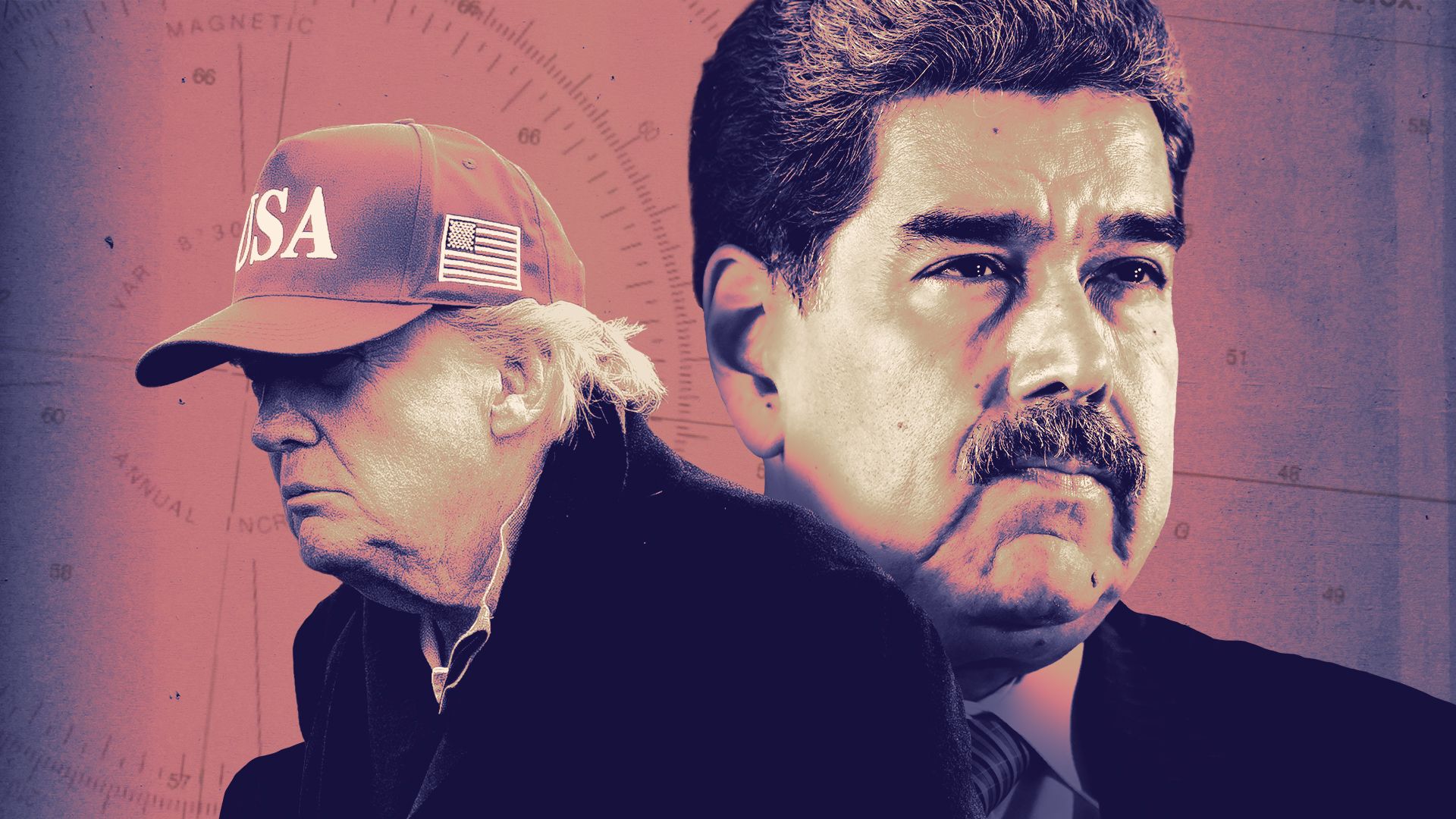 Photo illustration of President Donald Trump and Venezuela's President Nicolas Maduro with a nautical map in the background