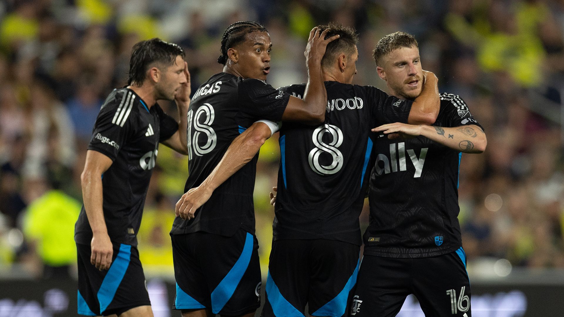 Pep Biel #16 of Charlotte FC celebrates with teammates after scoring his team's second goal during the MLS match between Nashville SC and Charlotte FC at GEODIS Park on April 25, 2026 in Nashville, Tennessee. 