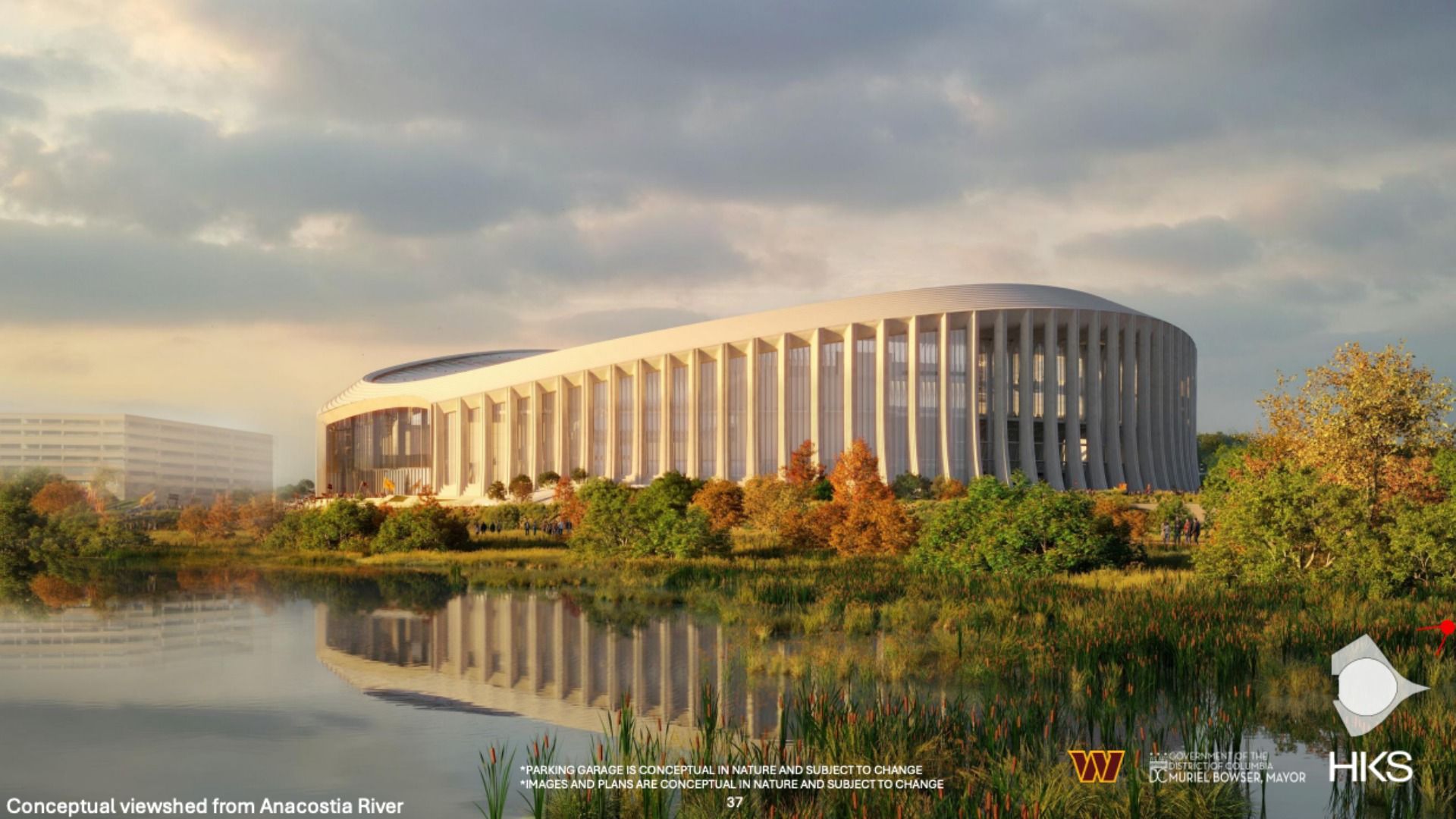 Rendering of a modern curved white stadium with tall vertical columns along a river, surrounded by autumn trees, and a reflective foreground water. On the left, a tall parking garage.