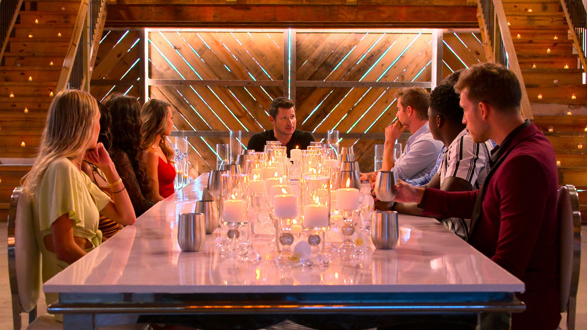 Host Nick Lachey sitting down with cast of "The Ultimatum" Season 2
