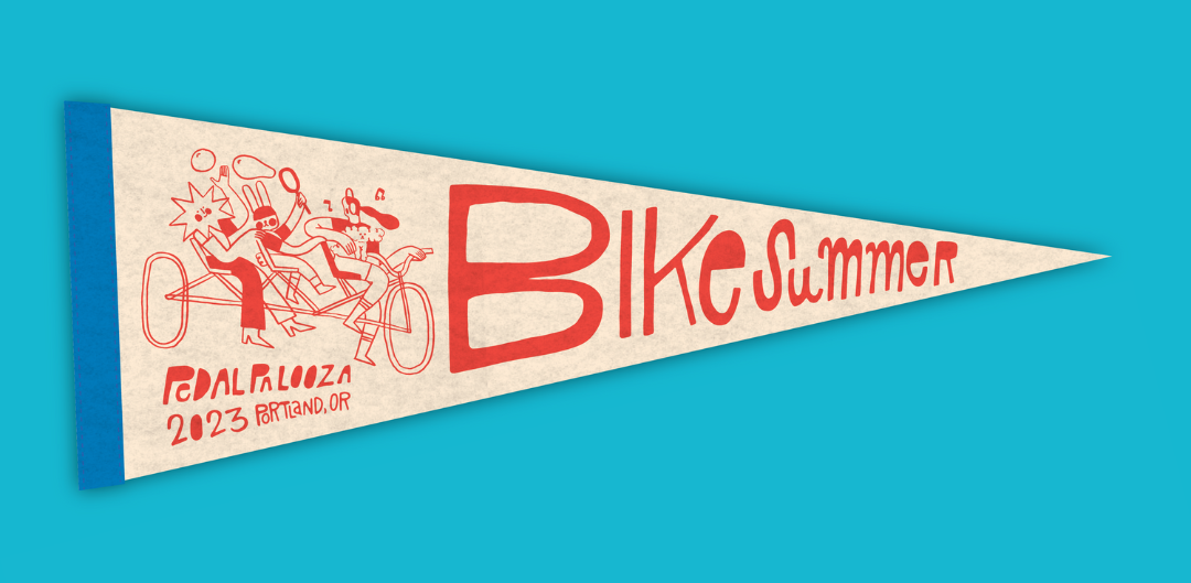 A triangle pennant with a drawing of people and bikes, and the words Pedalpalooza Bike Summer in red.