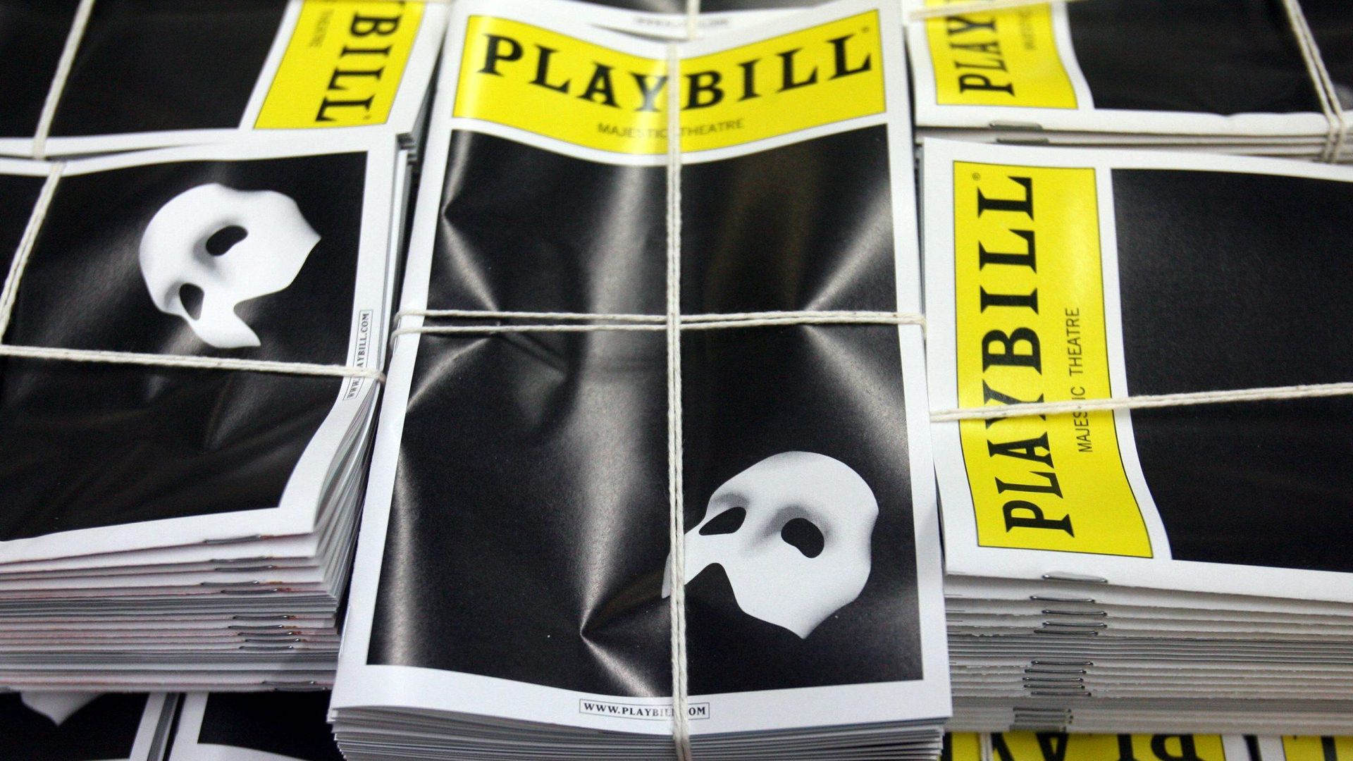 A stack of Playbill magazines with The Phantom of the Opera on the cover is bundled for delivery at the plant in Woodside, New York on October 20, 2008.