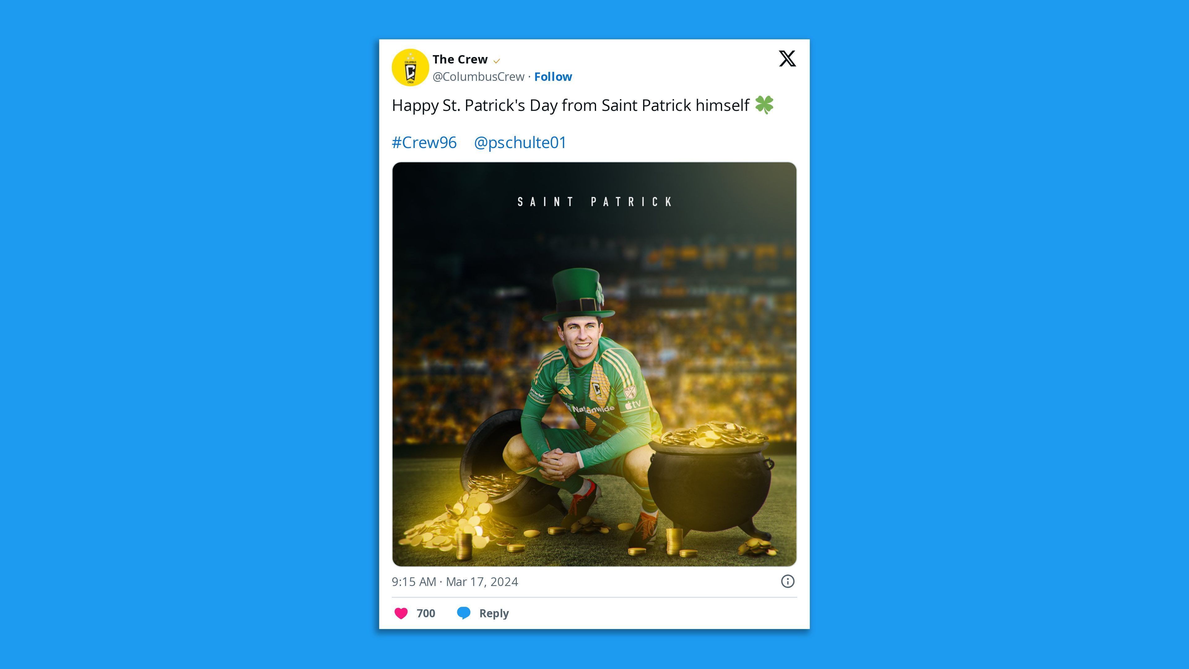 A tweet from the Columbus Crew reading "Happy St. Patrick's Day from Saint Patrick himself" and a photo of Patrick Schulte wearing Irish green next to fake pots of gold. 