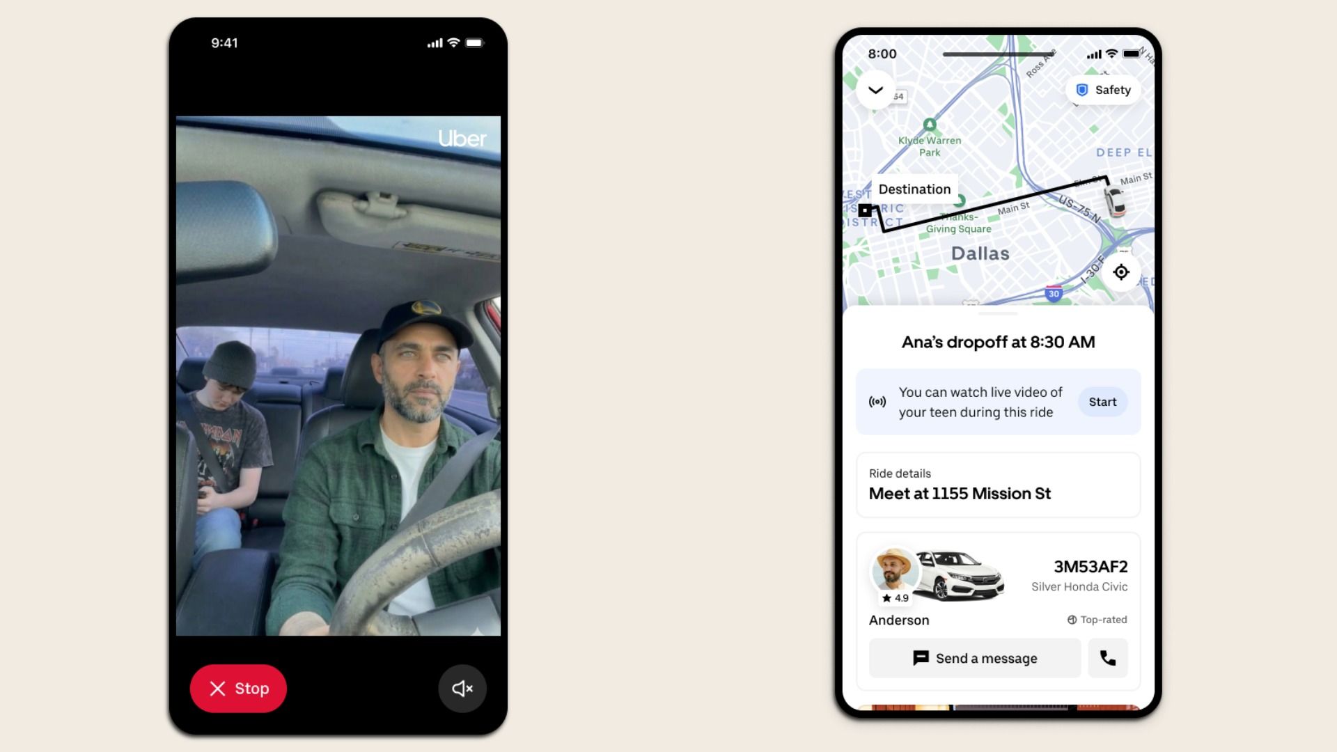 Two smartphones on a beige background. Left: Uber ride video with a bearded driver and passenger in a car, Uber logo in the corner. Right: map route to Dallas and a ride details card for Ana's 8:30 AM dropoff.