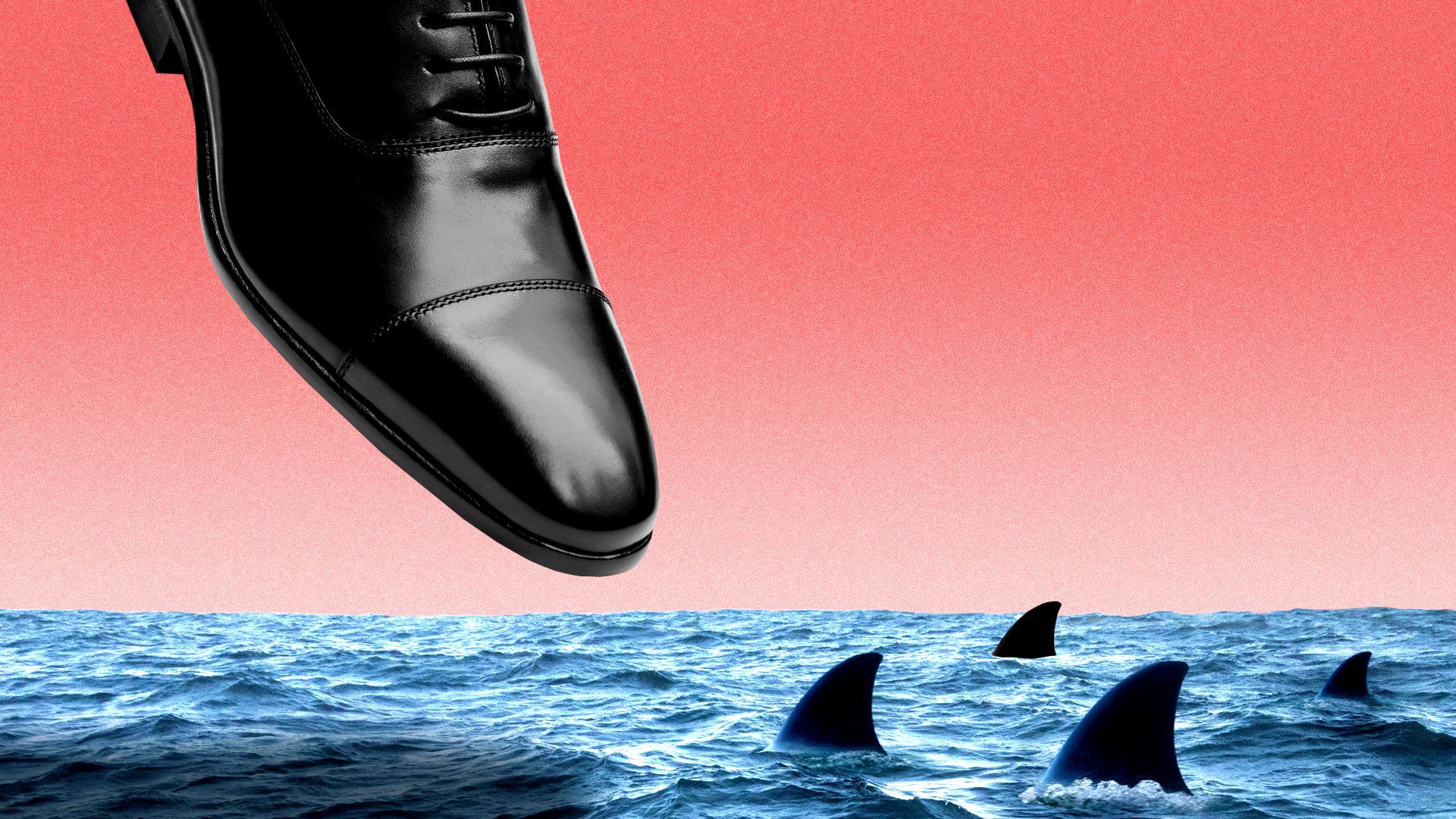 Illustration of a man's dress shoe hovering above shark-filled water